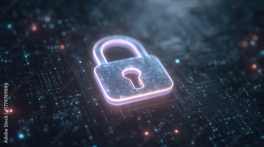 A glowing padlock symbol hovers above a circuit board design, emphasizing themes of security and technology. The dark background features various lights and patterns, creating a digital atmosphere.