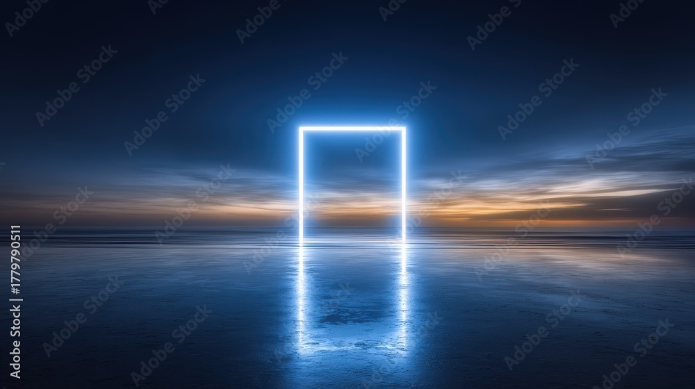 A glowing rectangular doorway stands on a serene beach at sunset, reflecting softly on the water. The sky transitions from light to dark, creating a magical atmosphere.
