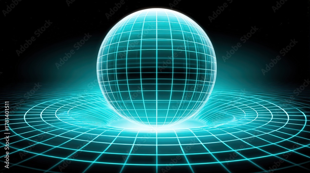 A glowing sphere with a grid pattern is centered against a dark backdrop. The sphere radiates a soft light, creating a futuristic and digital feel.