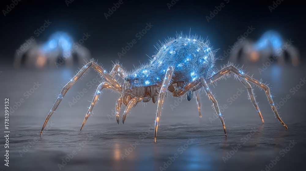 A glowing spider with bright blue lights and intricate details is on a dark, smooth surface, creating a captivating and sci-fi atmosphere. Its design features sharp edges and a shimmering effect.