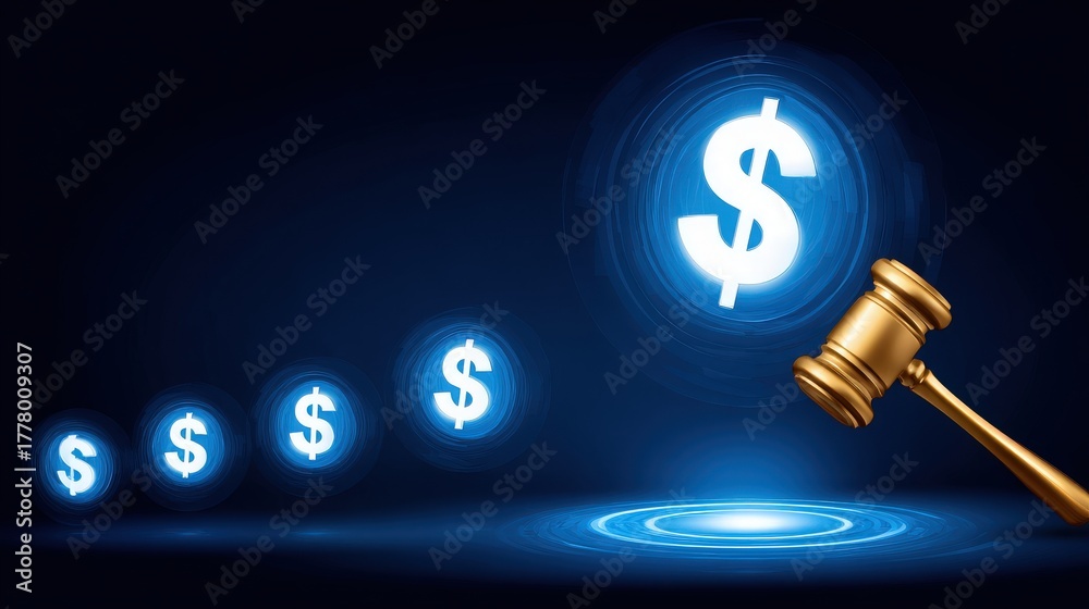 A golden gavel stands beside glowing dollar signs, illustrating the themes of auctions, finance, and bidding. The background is dark, highlighting the symbols of commerce and value exchange.