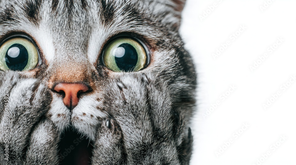 A gray cat shows a shocked expression with wide open eyes and its paws covering its face. The setting is simple with a plain white background, highlighting the cats emotions.