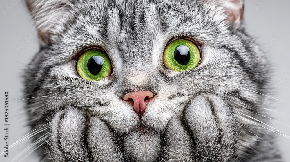 A gray cat with striking green eyes rests its paws on its face, exhibiting a surprised expression. The soft fur and intense gaze create an adorable and endearing moment captured in detail.