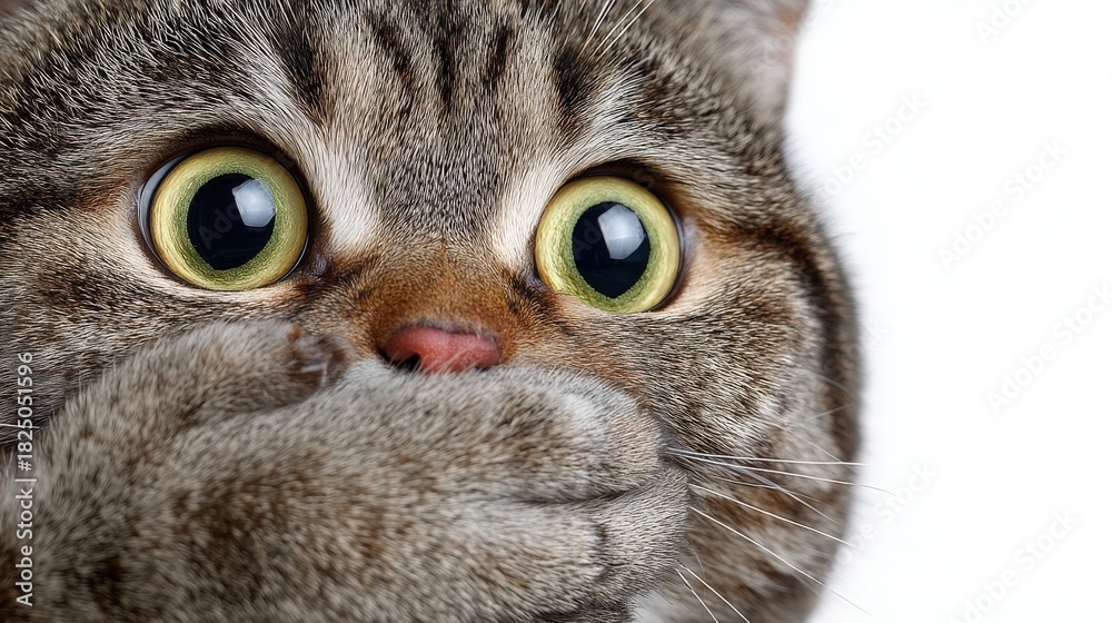 A gray tabby cat with large, expressive eyes covers its mouth with its paw. The cat appears surprised, sitting against a plain white background. Its playful expression adds a lighthearted touch.