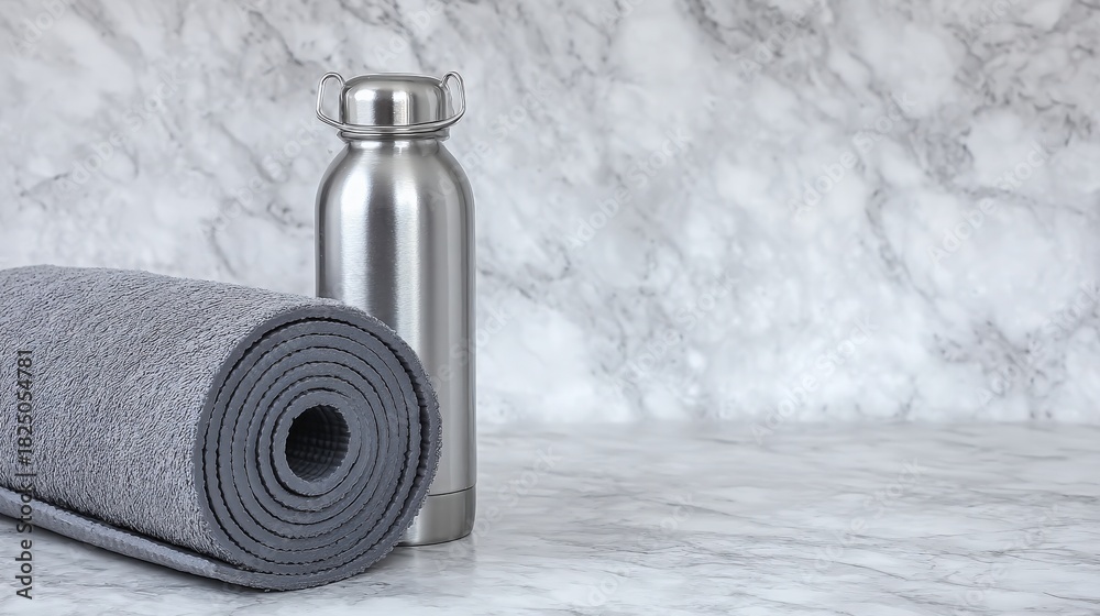 A gray yoga mat is rolled up beside a shiny stainless steel water bottle against a marble backdrop. The scene conveys a calm and organized workout setup, ideal for fitness enthusiasts.