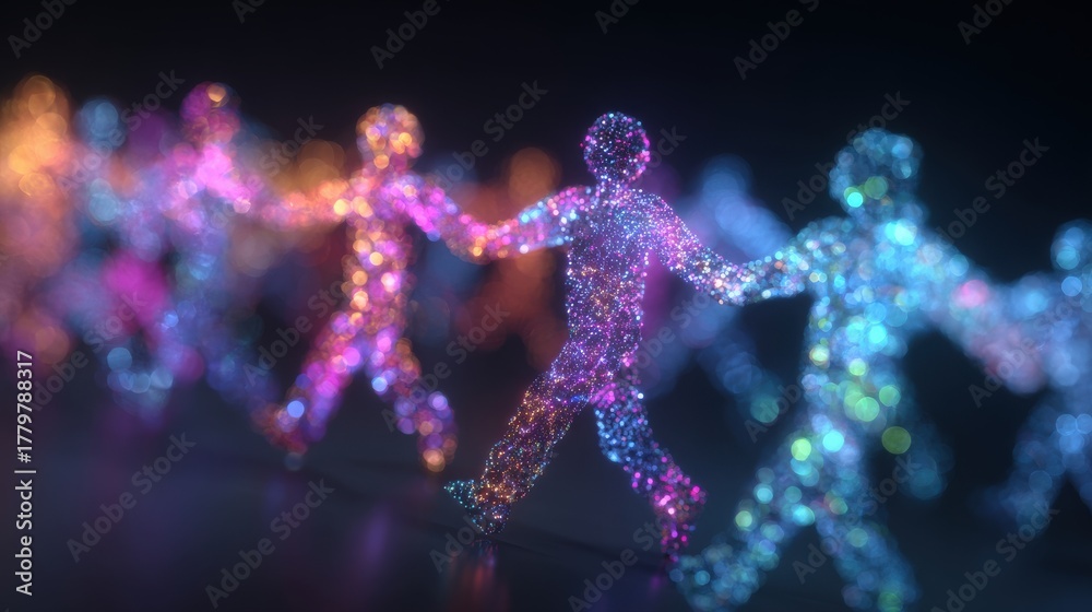 A group of glowing figures made of sparkling particles are holding hands. The scene is lively and colorful, showcasing unity and collaboration. The background enhances the vibrant atmosphere.