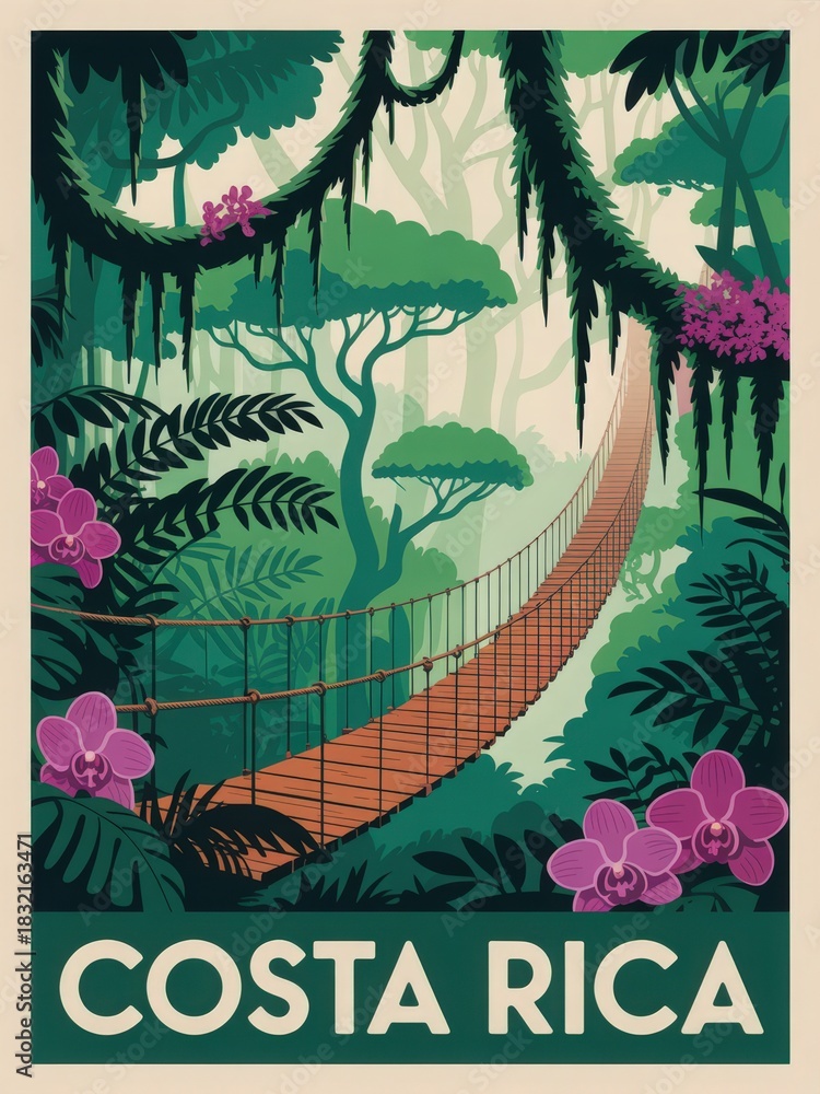 A hanging bridge stretches through dense jungle foliage in Costa Rica, surrounded by vibrant orchids and greenery. Sunlight filters through the trees, creating a serene atmosphere.