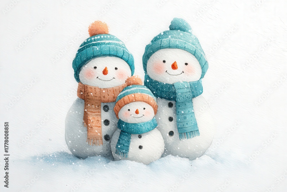 A happy family of three snowmen stands in a snowy area. Each snowman wears a colorful hat and scarf. The scene captures the joy of winter, with gentle snowfall adding to the festive atmosphere.