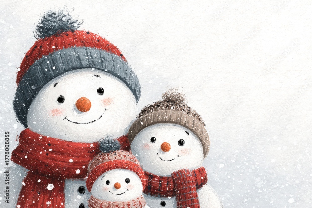 A happy family of three snowmen stands together in a snowy scene. They wear colorful hats and scarves, smiling as snowflakes fall gently around them.