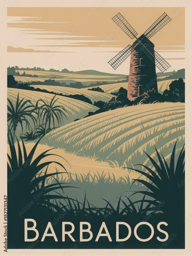 A historic windmill stands tall amidst rolling fields in Barbados. The warm colors of sunset illuminate the landscape, creating a serene atmosphere.