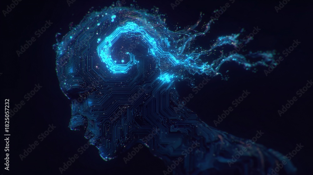 A human-like silhouette is composed of glowing circuits and blue light. The figures head features a swirling pattern, suggesting a connection to technology.