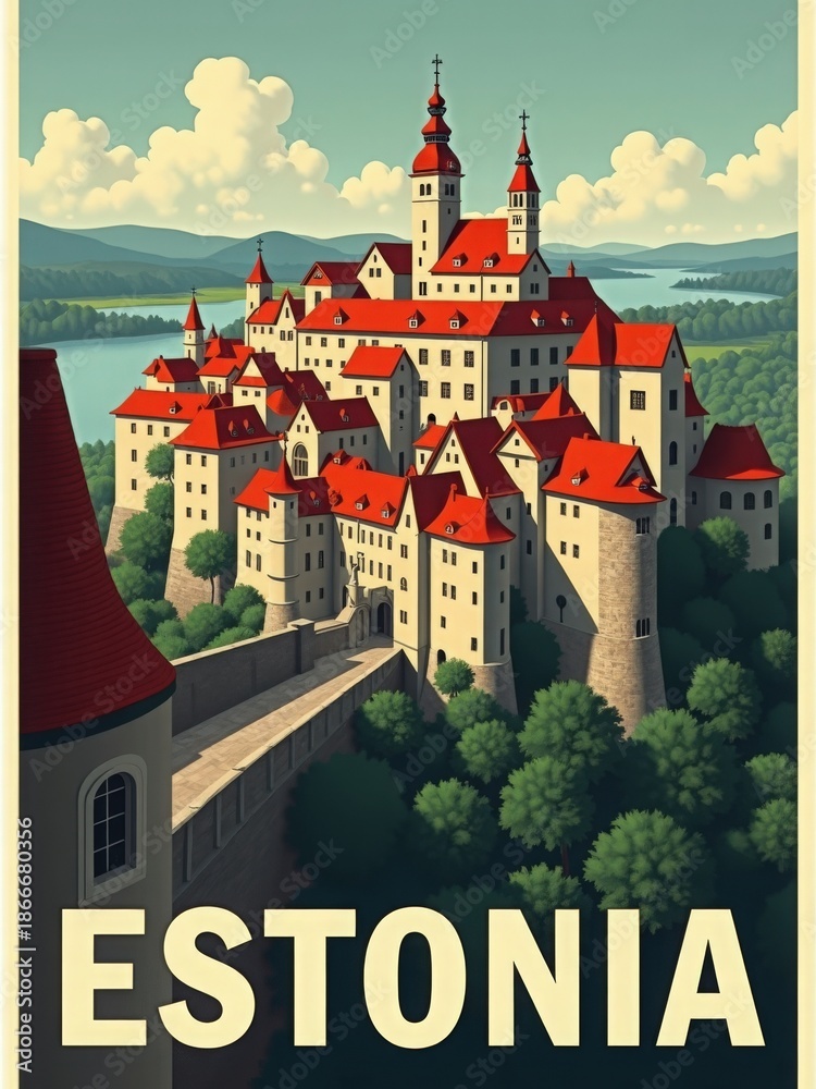 A large castle with many towers and red rooftops stands among green trees. The scene shows a lake in the background. The sunlight brightens the landscape and creates a clear blue sky.