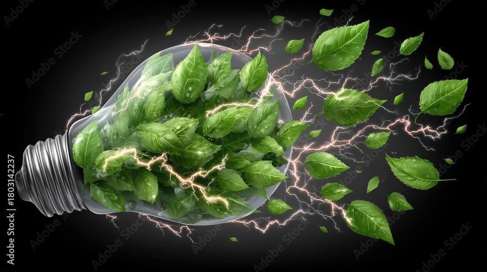 A light bulb bursts with green leaves, symbolizing growth and energy. The scene features sparks of electricity and flying leaves, conveying a strong sense of nature and vitality.