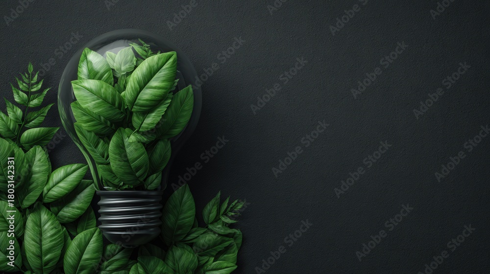 A light bulb filled with green leaves sits on dark textured background. Surrounding the bulb are more leaves, representing nature and eco-conscious living.
