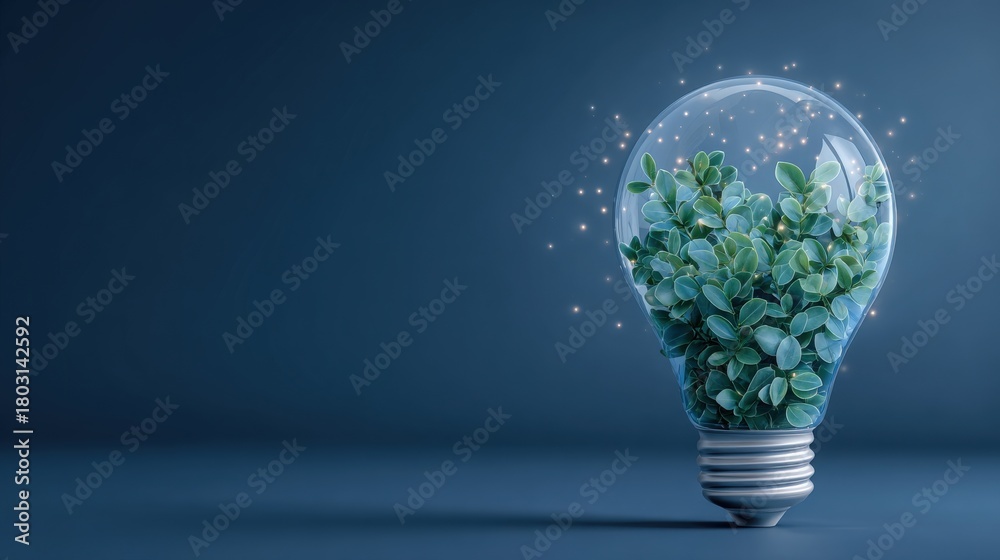 A light bulb filled with lush green plants stands against a dark blue background. The scene evokes inspiration and growth, combining nature with a classic symbol of ideas.