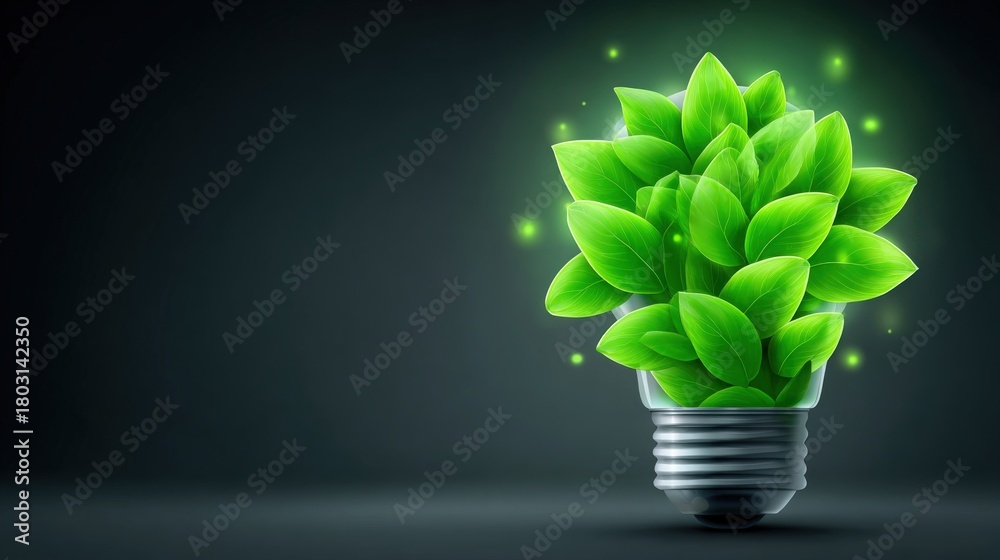 A light bulb is filled with vibrant green leaves, symbolizing the fusion of nature and technology. This creative concept emphasizes the importance of sustainability and eco-friendly solutions.