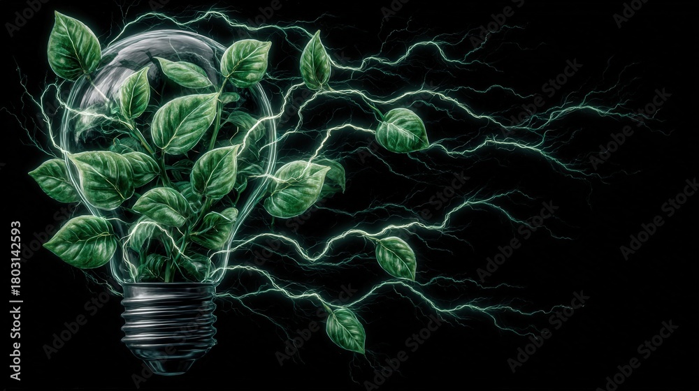 A light bulb is transformed with vibrant green leaves emerging from inside it, symbolizing the connection between nature and energy.