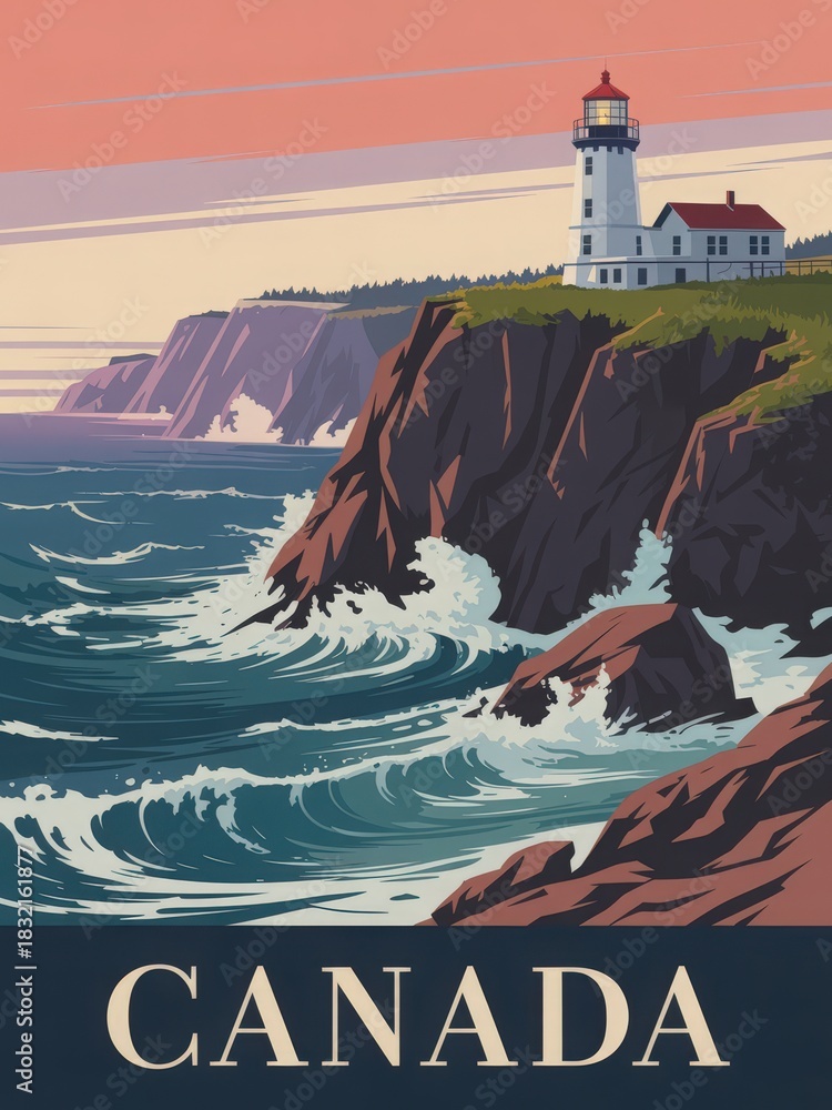 A lighthouse overlooks the ocean waves crashing against rocky cliffs in Canada. The scene captures the tranquil beauty of a sunset sky, blending soft colors with sea and shore.