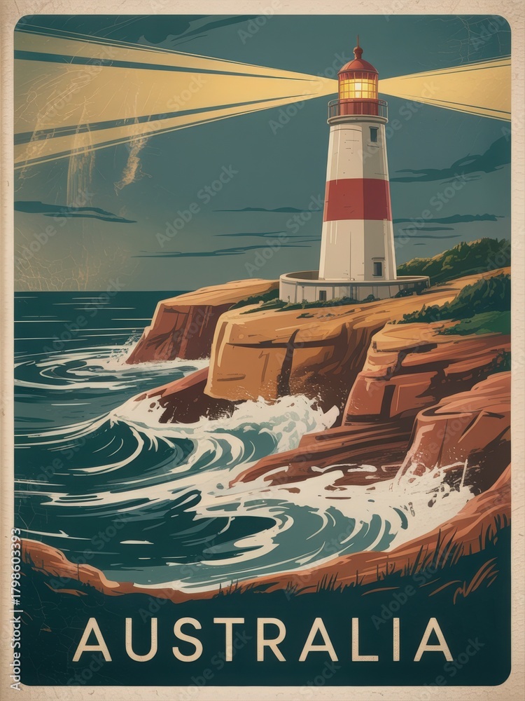 A lighthouse stands tall on a rocky shore in Australia at twilight. The light beams illuminate the waves crashing against the cliffs, showcasing the beauty of the coastline.