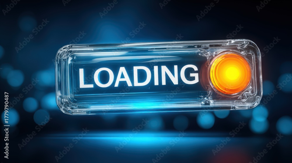 A loading bar with the word LOADING illuminated in white sits against a dark blue backdrop. An orange button glows, suggesting an interactive process.