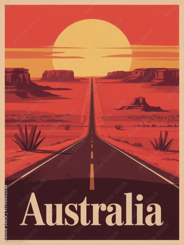 A long, empty road stretches towards the horizon under a vibrant sunset in Australia.