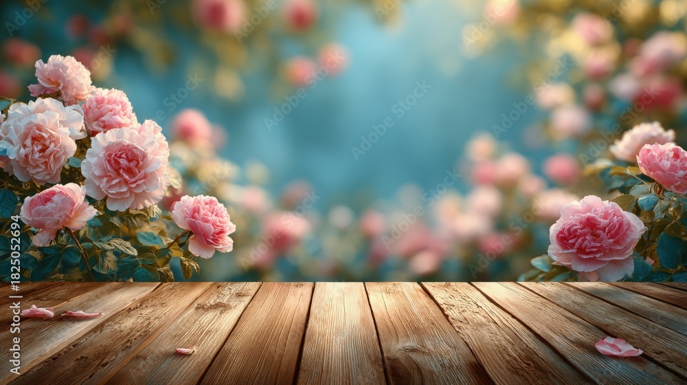 A lovely scene featuring pink roses in full bloom surrounding a rustic wooden table. Soft light filters through the greenery, creating a peaceful atmosphere in a garden during the day.