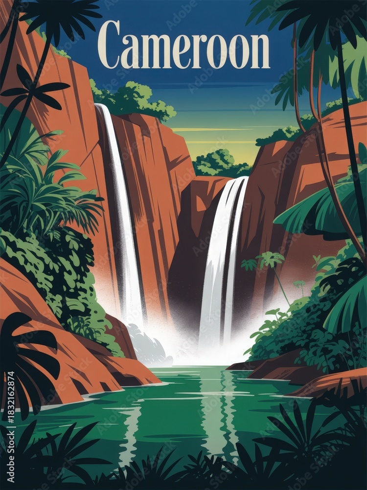 A lush green jungle surrounds majestic waterfalls cascading into a serene pool. Bright tropical plants and rocky cliffs create a picturesque and vibrant scene, showcasing the beauty of Cameroon.