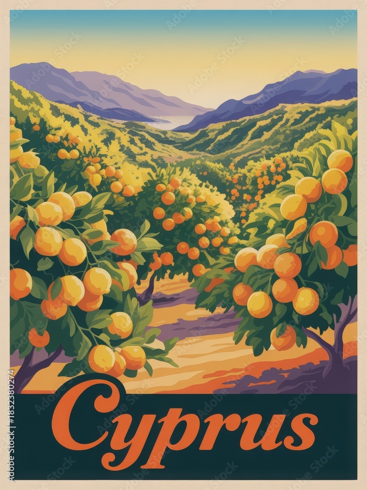 A lush orange grove fills the landscape in Cyprus, with vibrant trees laden with ripe oranges under a serene sky. Mountains rise in the background, reflecting a peaceful atmosphere at dusk.