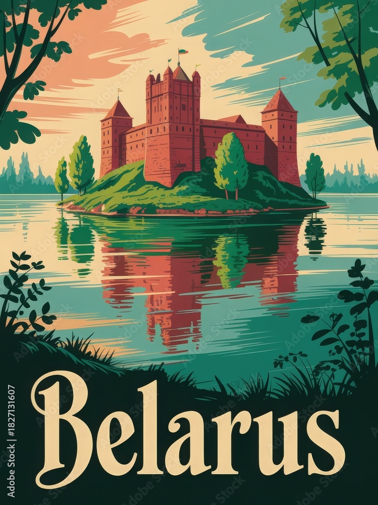 A magnificent castle sits on an island surrounded by trees in Belarus. The warm colors of sunset reflect in the calm waters, highlighting the peaceful beauty of the scene.