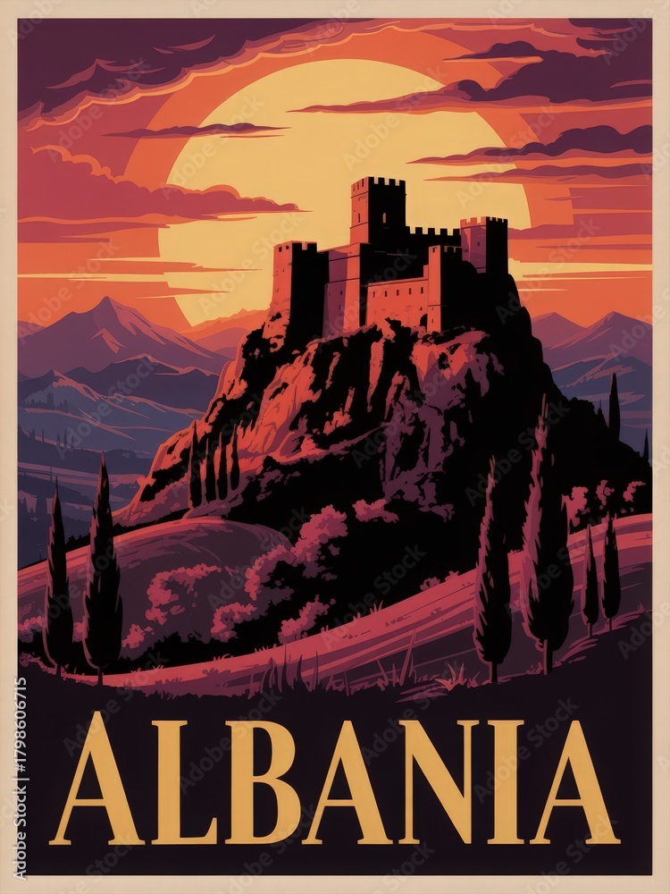 A majestic medieval castle stands on a rocky hill against a vibrant sunset. Mountains stretch in the background, showcasing Albanias natural beauty and scenic landscapes.