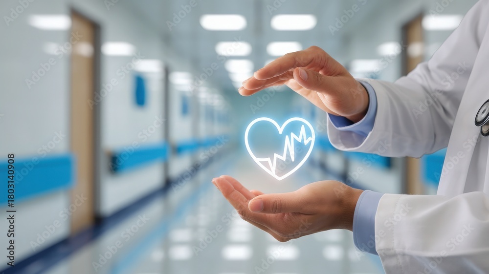 A medical professional stands in a hospital hallway, gently holding a glowing heart symbol with a heartbeat line.