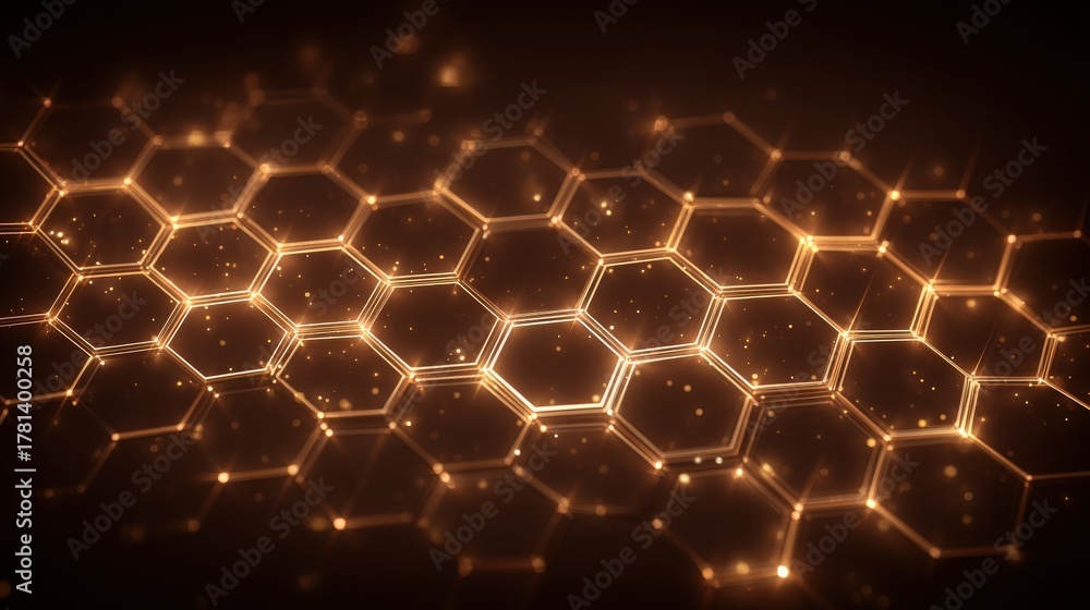 A mesmerizing hexagonal pattern glows in rich golden hues against a dark background. The interconnected shapes create a sense of depth and elegance, enhancing the overall aesthetic appeal.