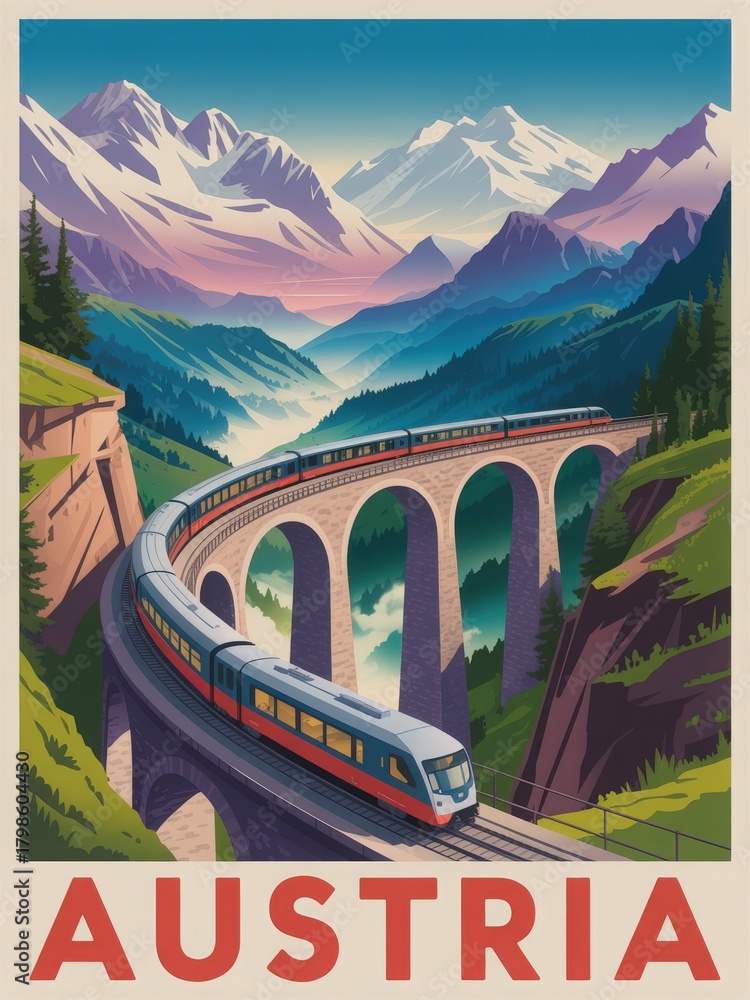A modern train travels along a curved bridge surrounded by majestic mountains in Austria. Lush green trees and blue skies enhance the breathtaking scenery, showcasing natures beauty.