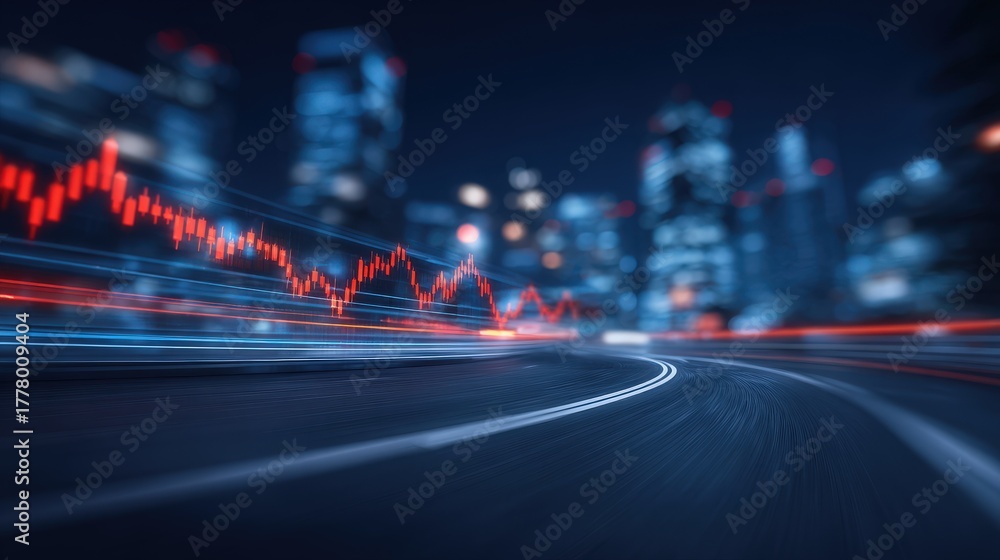A nighttime city scene showcases a blurred road curving through skyscrapers. Bright red and blue stock market trend lines illuminate the darkness, reflecting movement and energy.
