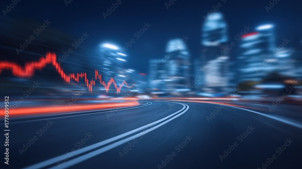 A nighttime view of a city skyline illuminated by bright lights. A winding road leads through the urban landscape with blurred light trails suggesting movement. The atmosphere is dynamic and vibrant.