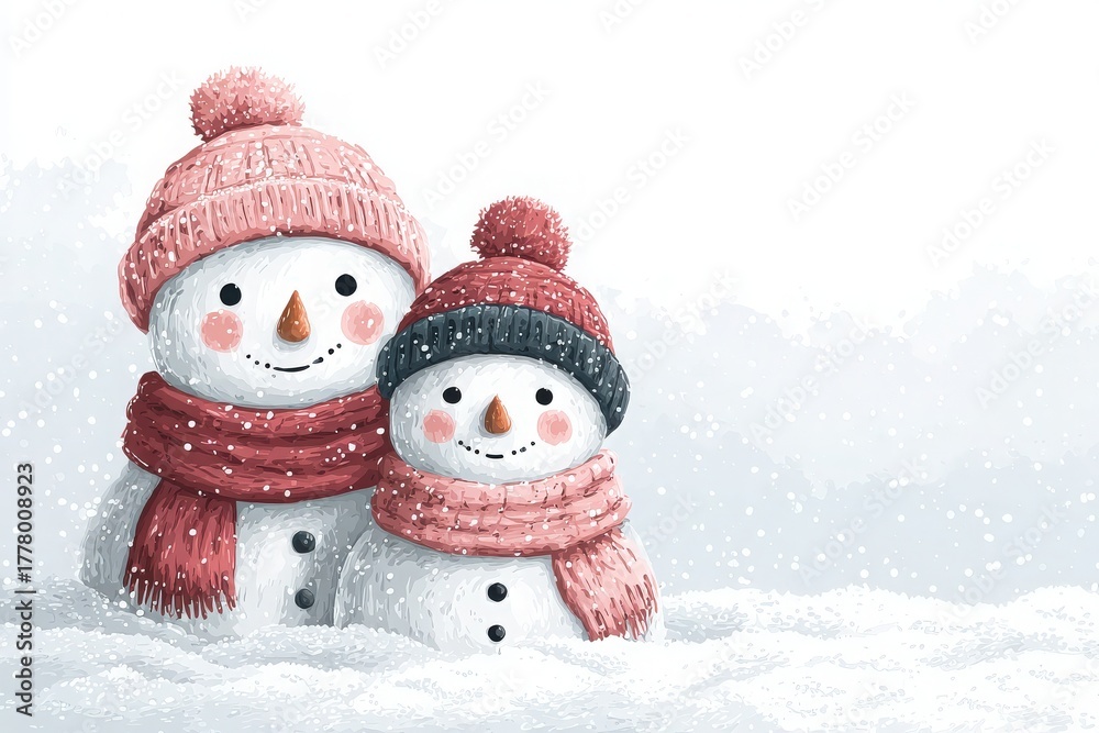 A pair of snowmen smile in a snowy setting. The larger snowman wears a pink hat and scarf, while the smaller one sports a red and black hat. Snowflakes gently fall around them.