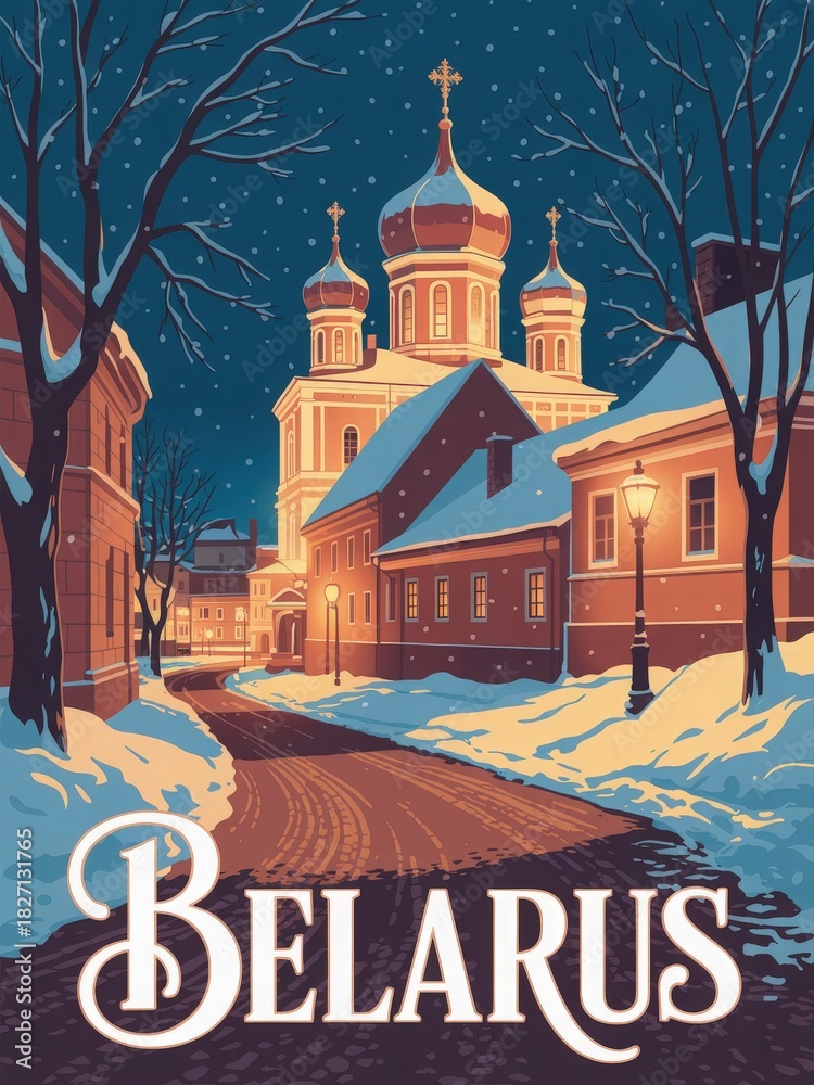 A peaceful winter evening in Belarus showcases a beautiful street lined with snow, illuminated by street lamps.