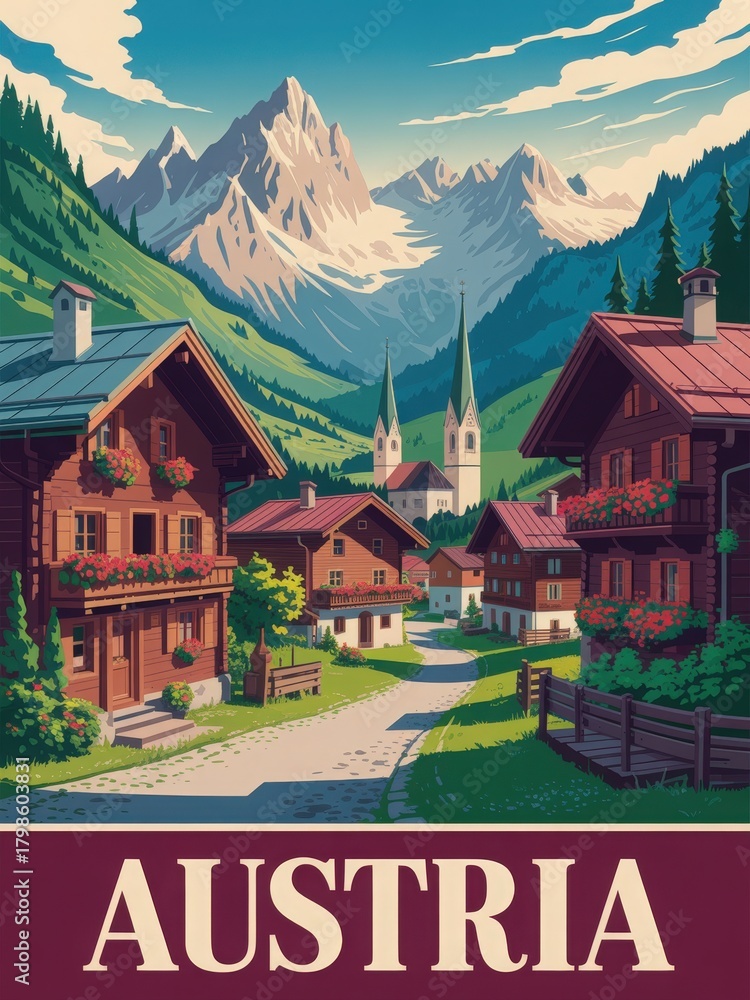 A picturesque alpine village in Austria showcases wooden houses adorned with flowers, surrounded by majestic mountains. Two church spires rise among the landscape under a bright sky.