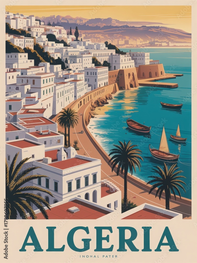 A picturesque coastal town in Algeria with white buildings lining the shore, palm trees swaying gently, and boats floating on clear waters under a sunny sky.