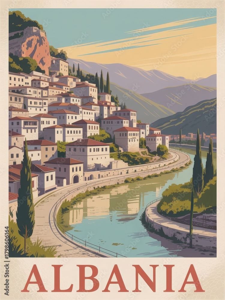 A picturesque hillside town in Albania features white houses with red roofs, nestled among lush greenery. A river flows gently by as the sun sets behind the mountains, creating a tranquil scene.