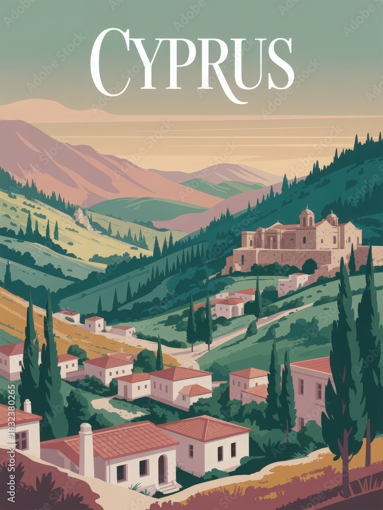 A picturesque landscape of Cyprus showcases rolling hills adorned with lush greenery, quaint white houses with red roofs, and a majestic historical building on a hillside.