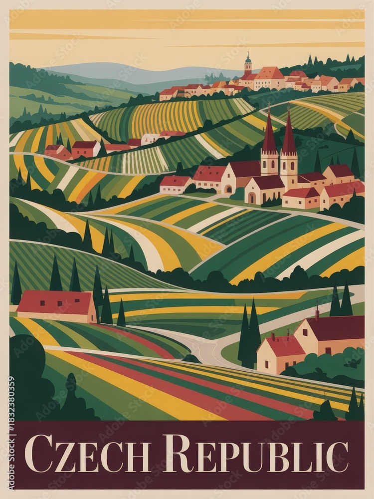 A picturesque scene in the Czech Republic features rolling hills adorned with colorful fields.