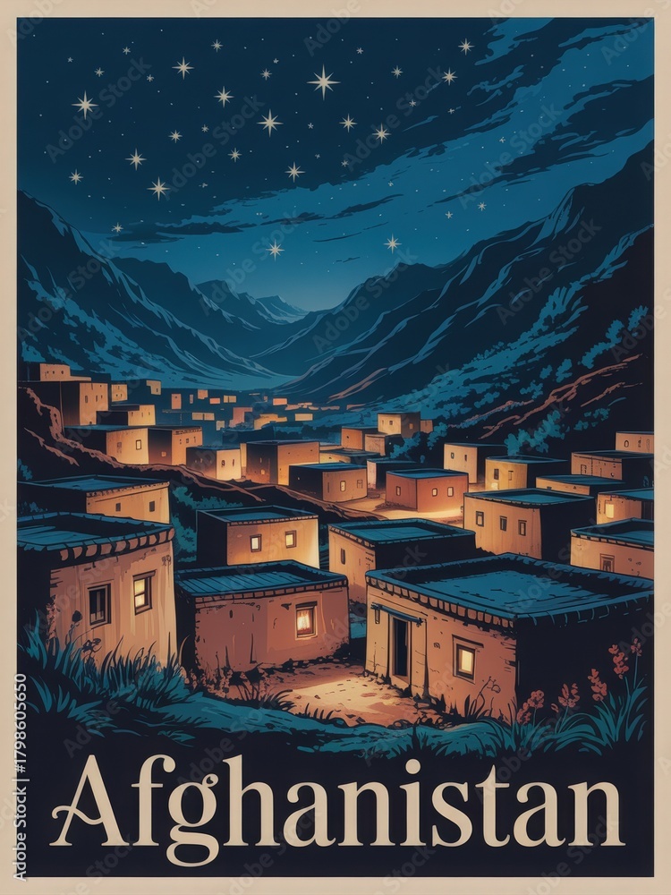 A picturesque village in Afghanistan shines under a clear night sky filled with stars. The homes are simple and illuminated, creating a peaceful atmosphere amidst the mountains.