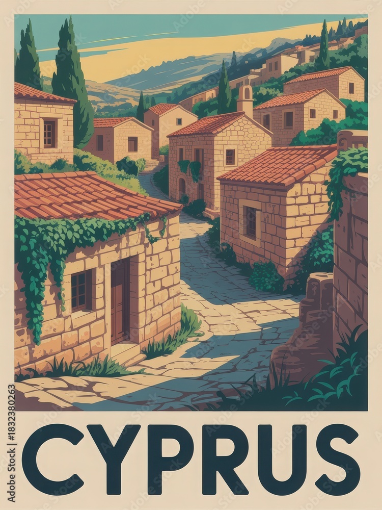 A picturesque village in Cyprus features traditional stone houses with red roofs surrounded by lush greenery.