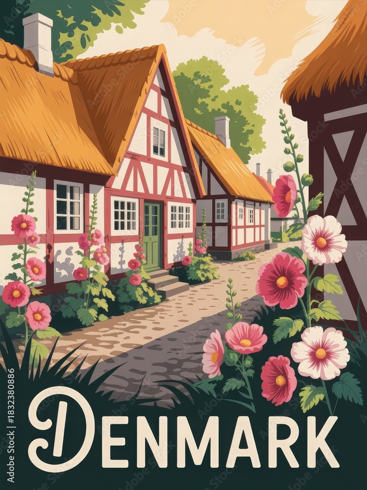 A picturesque village in Denmark features traditional red and white timber houses with thatched roofs. Colorful hollyhocks bloom along the path, creating a vibrant, inviting atmosphere on a sunny day.