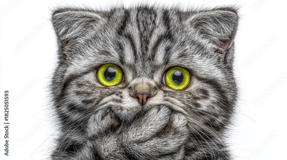 A playful tabby cat displays a shocked expression with its large green eyes. It covers its mouth with its paws, showcasing a cute and inquisitive demeanor.