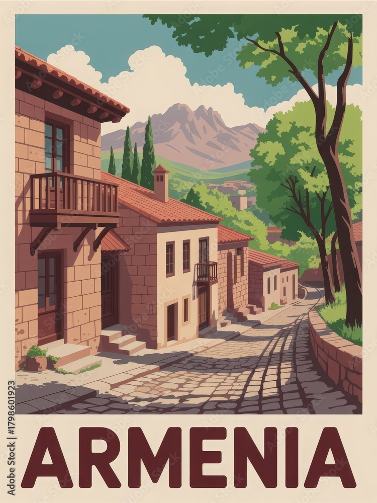 A quaint street in a historic Armenian town. Stone houses line the winding path, framed by green trees and mountains in the distance. The atmosphere feels peaceful and inviting.