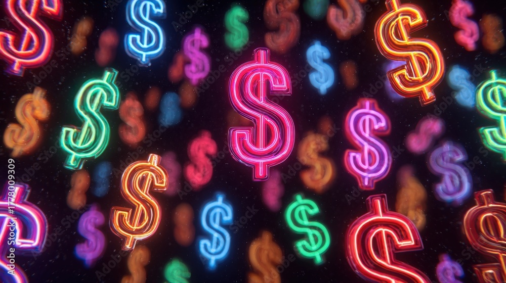A range of bright and colorful dollar signs are displayed against a dark backdrop, creating a lively and dynamic atmosphere. The glowing symbols suggest themes of wealth and prosperity.
