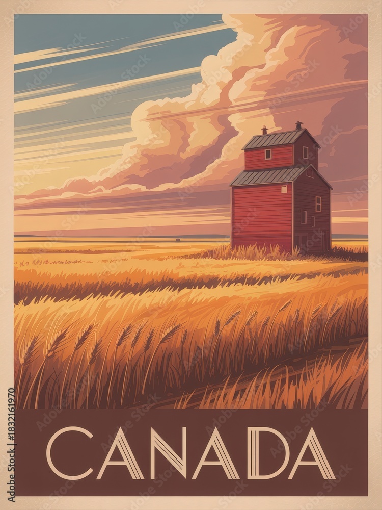 A red building stands alone in a vast field of golden wheat under a dramatic sky. The quiet rural setting captures the essence of Canadian agriculture and natural beauty during sunset.