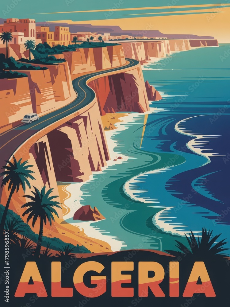 A scenic coastal route in Algeria shows cliffs rising above the Mediterranean Sea. Palm trees frame the roadside, and a car travels along the winding path. Vibrant colors show a serene sunset.